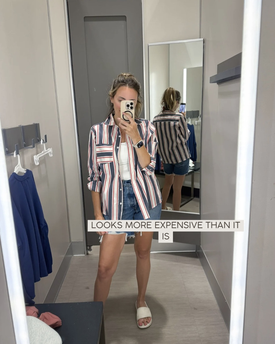 Target striped button-down layered over a tank for an effortless summer outfit. The perfect lightweight layer for cooler evenings, travel days, beach vacations, and 4th of July celebrations. Classic, timeless, and easy to wear. @Target #ad

#LTKootd #LTKOver40 #LTKSeasonal