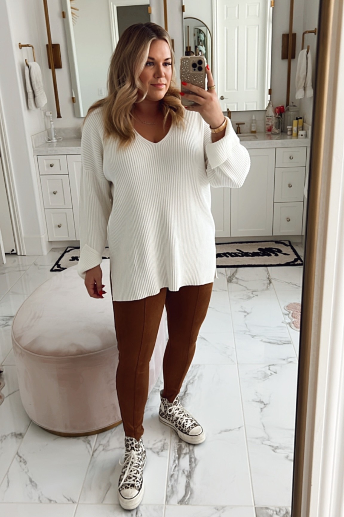 curvy casual fall look! wearing size xl in white tunic sweater and size large in faux suede leggings 

#LTKcurves #LTKSeasonal #LTKunder100