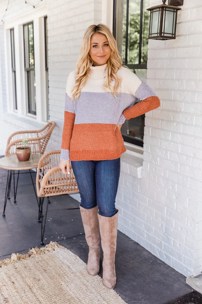 Always Memorable Rust/Blue Turtleneck Striped Sweater | The Pink Lily Boutique