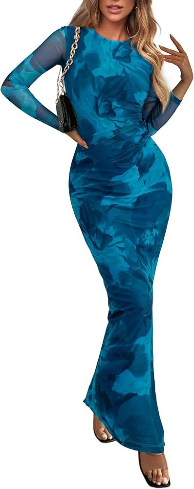 PRETTYGARDEN Women's Bodycon Maxi Dress Fall Spring Fashion Long Sleeve Floral Print Tight Fitted... | Amazon (US)