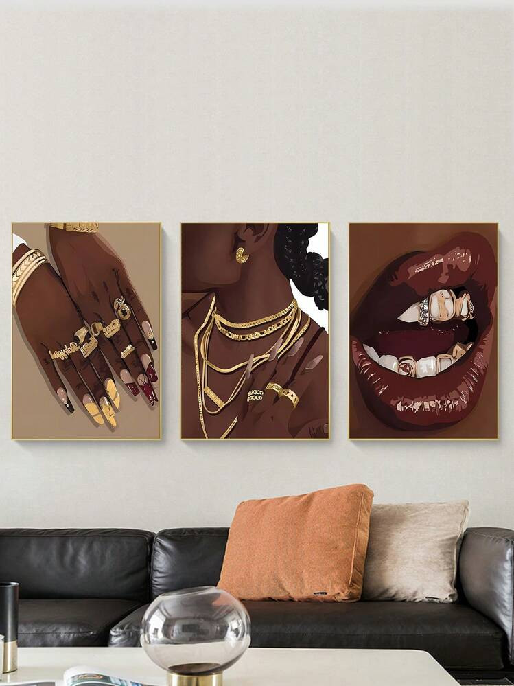 3pcs Bohemian Style Canvas Wall Arts, Women Wearing Gold Jewelry And Teeth, Brazilian Carnival Posters, Boho Home Decor Materials, Optional Frame | SHEIN