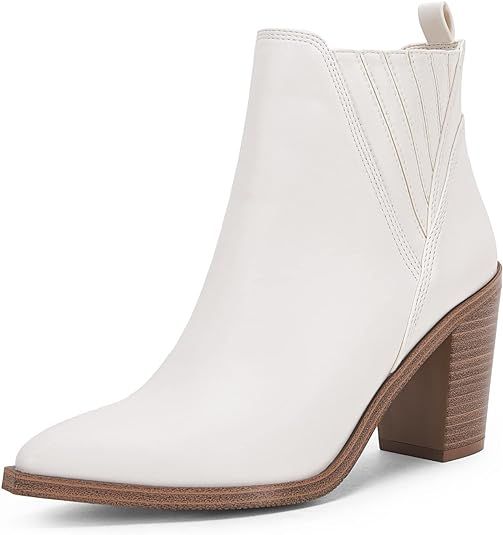 Coutgo Womens Pointed Toe Ankle Boots Chunky Stacked Block Mid Heel Western Chelsea Booties | Amazon (US)