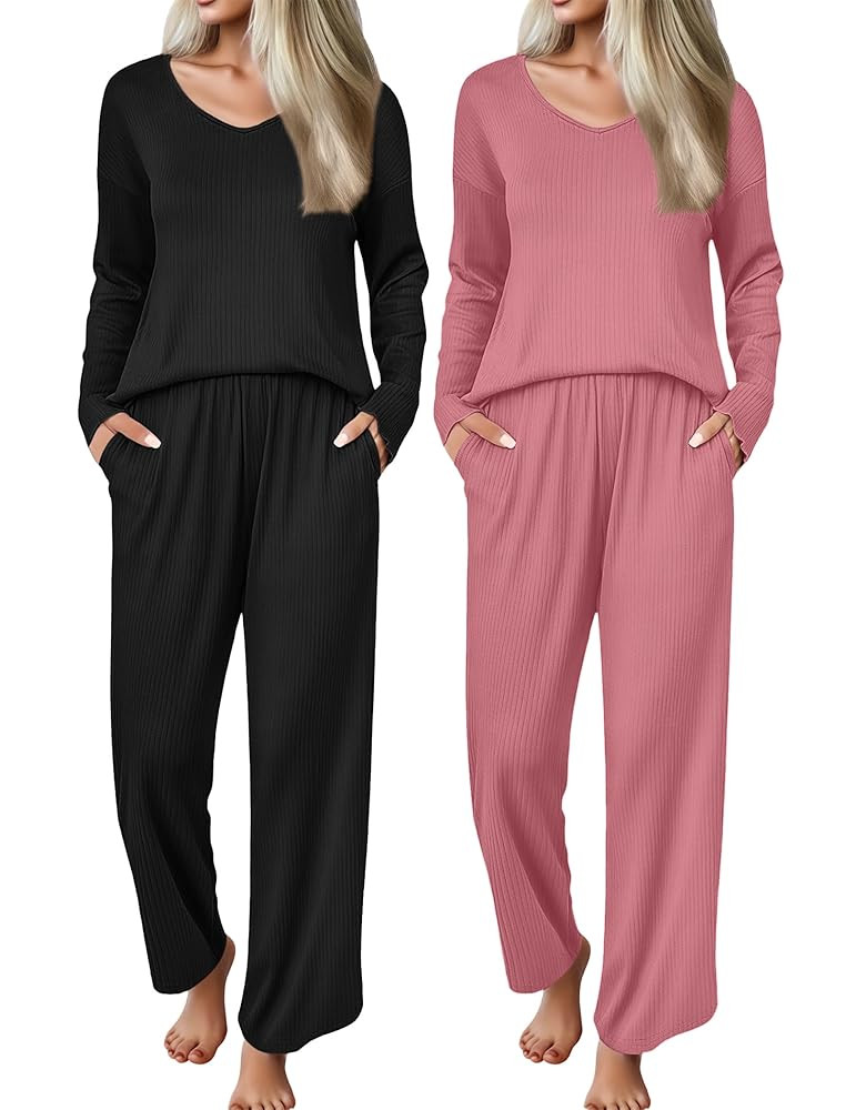 Ekouaer 2 Pack Womens Ribbed Knit Pajama Sets V Neck Soft Lounge Sets Long Sleeve PJs Loose Match... | Amazon (US)