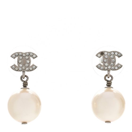 Crystal Pearl CC Drop Earrings Silver Pearly White | FASHIONPHILE (US)