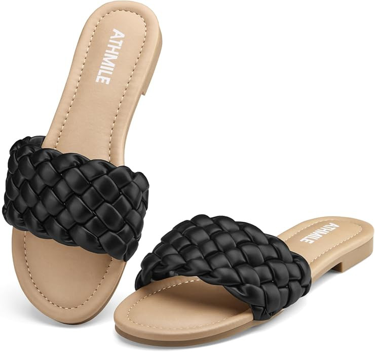 ATHMILE Braided Sandals for Women, Open Toe Flat Summer Slides, Nude Sandal | Amazon (US)