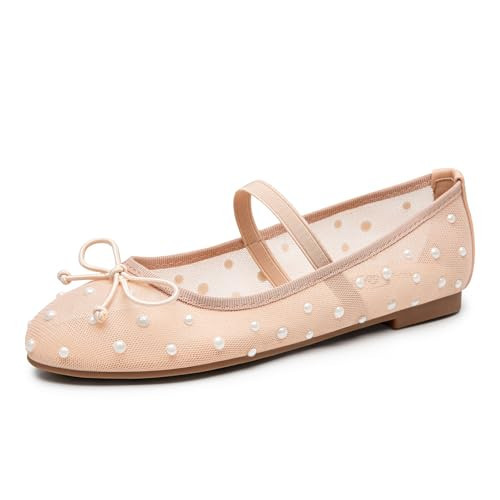 Trary Mesh Nude Ballet Flats for Women Bow Pearl Rhinestone Shoes for Women Mary Jane Nude Women's Flats Closed Round Toe Elastic Strap Comfortable Dressy Non-Slip Shoes for All-Year Daily Work Causal | Amazon (US)