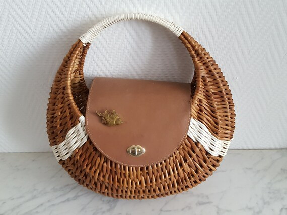 Vintage gondola basket braided wicker leather flap and plastic braiding 1950/60 - 14379 | Etsy (US)