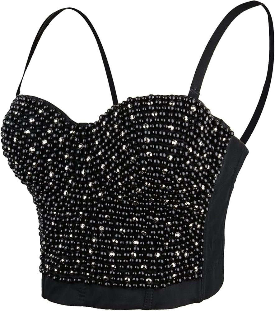 ELLACCI Women's Diamond Pearls Beaded Rhinestone Bustier Crop Top Corset Tube Top | Amazon (US)