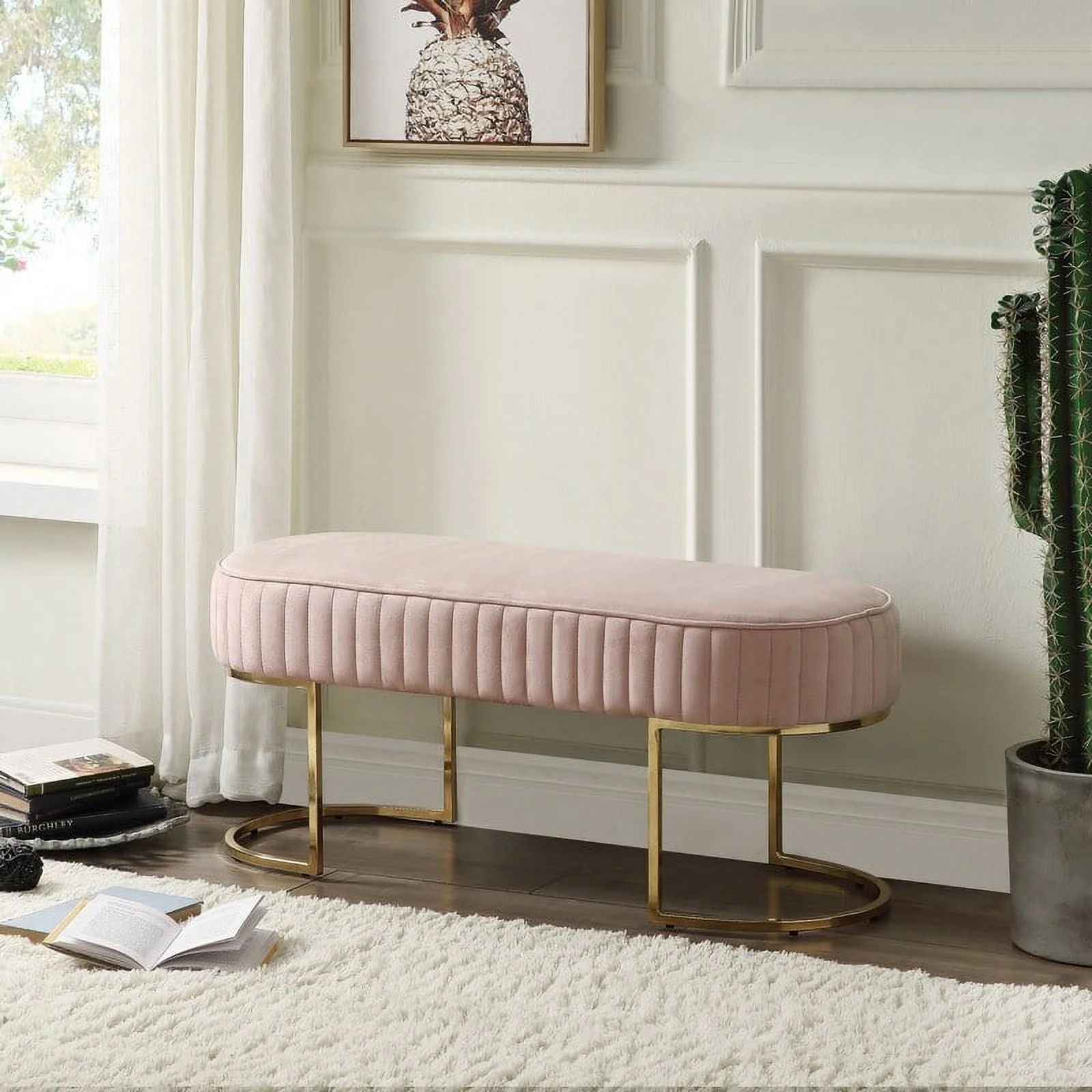 Set of 2 Julianne Velvet Bench with Metal Base Pink | Walmart (US)