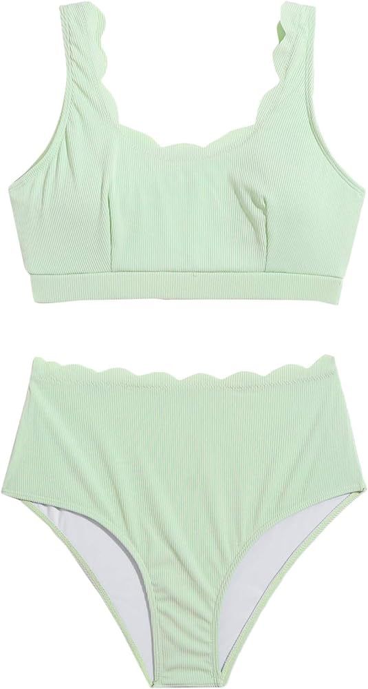 SweatyRocks Women's 2 Pieces Swimsuit High Waist Scalloped Trim Lace Up Bikini Set | Amazon (US)