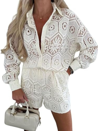 chouyatou Women's Lace Eyelet 2 Piece Outfit Crochet Button Down Shirt Top Wide Leg Shorts Matching Set (Small, Beige White) | Amazon (US)