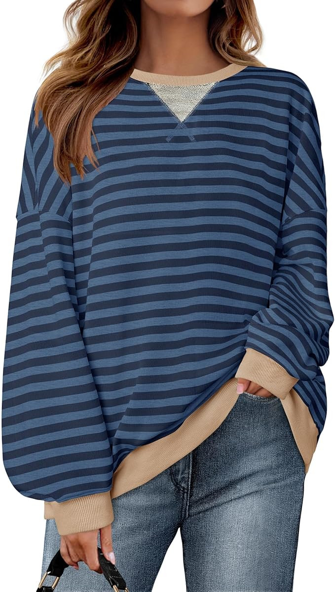 ZESICA Womens Casual Striped Pullover Tops Long Sleeve Shirts Crewneck Oversized Sweatshirts 2024... | Amazon (US)