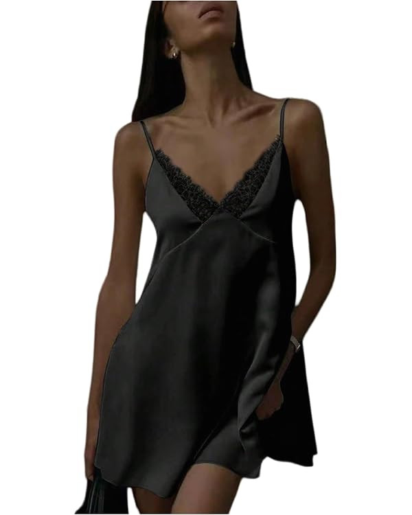 GORGLITTER Women's Lace V Neck Satin Dress Spaghetti Strap Tie Backless Sexy Wedding Guest Party ... | Amazon (US)