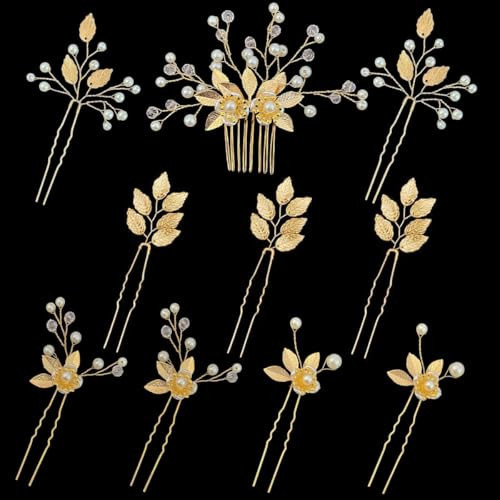 10 Pieces Gold Leaf Bridal Hair Pins, Wedding Headpiece Hair Jewelry with Pearl Rhinestone Wedding Hair Accessories for Bride Bridesmaids Flower Girls(Flowers) | Amazon (US)