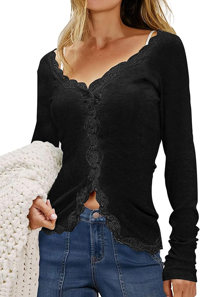Lacozy Lightweight Cardigan for Women Trendy V Neck Button Up Sweater Long Sleeve Open Front Lace... | Amazon (US)