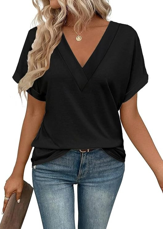 Shirts for Women V Neck Rolled Short Sleeve Tops Summer Business Casual Outfits Beach Vacation Cl... | Amazon (US)