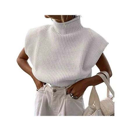Licupiee Women Shoulder Pad Sweater Top Sleeveless Turtleneck Pullover Vest Wide Shoulder Knitted Ju | Walmart (US)