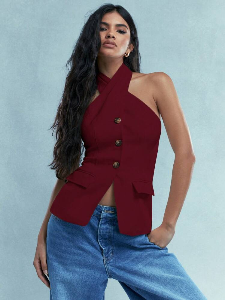 MISSGUIDED Buttoned Cross Halter Neck Backless Tank Top With Pockets | SHEIN