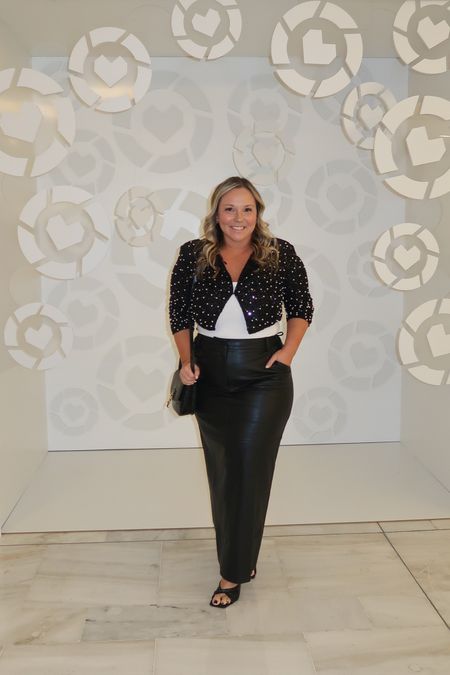 Sale on my faux leather skirt 
Use code SAVE30 on tops and bottoms (my code might be stackable? SHELLI20 sitewide) 
Wearing size large in skirt 
Size large in sequin crop jacket 

#LTKmidsize #LTKHoliday #LTKover40