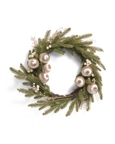 26in Real Touch Glitter Faux Pine Wreath With Ornaments | TJ Maxx