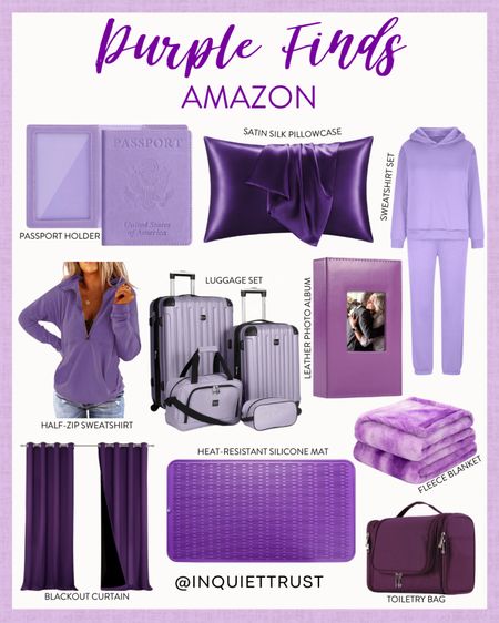 Check out these fun and cute purple finds: a satin pillowcase, sweatshirt set, leather photo album, toiletry bag, blackout curtain, and more!
#amazonfinds #travelessential #loungewear #affordablefinds #homeessential

#LTKhome #LTKstyletip #LTKtravel