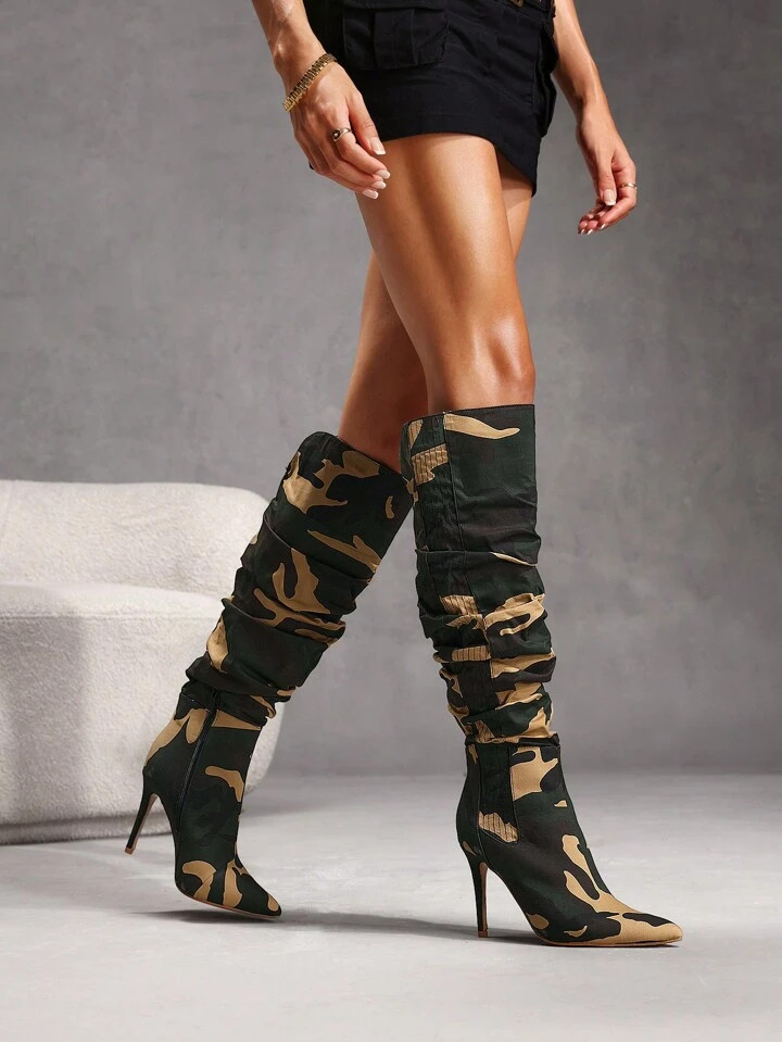CUCCOO SZL Women's Fashion Camo High-Heel Tall Boots Christmas Fall | SHEIN