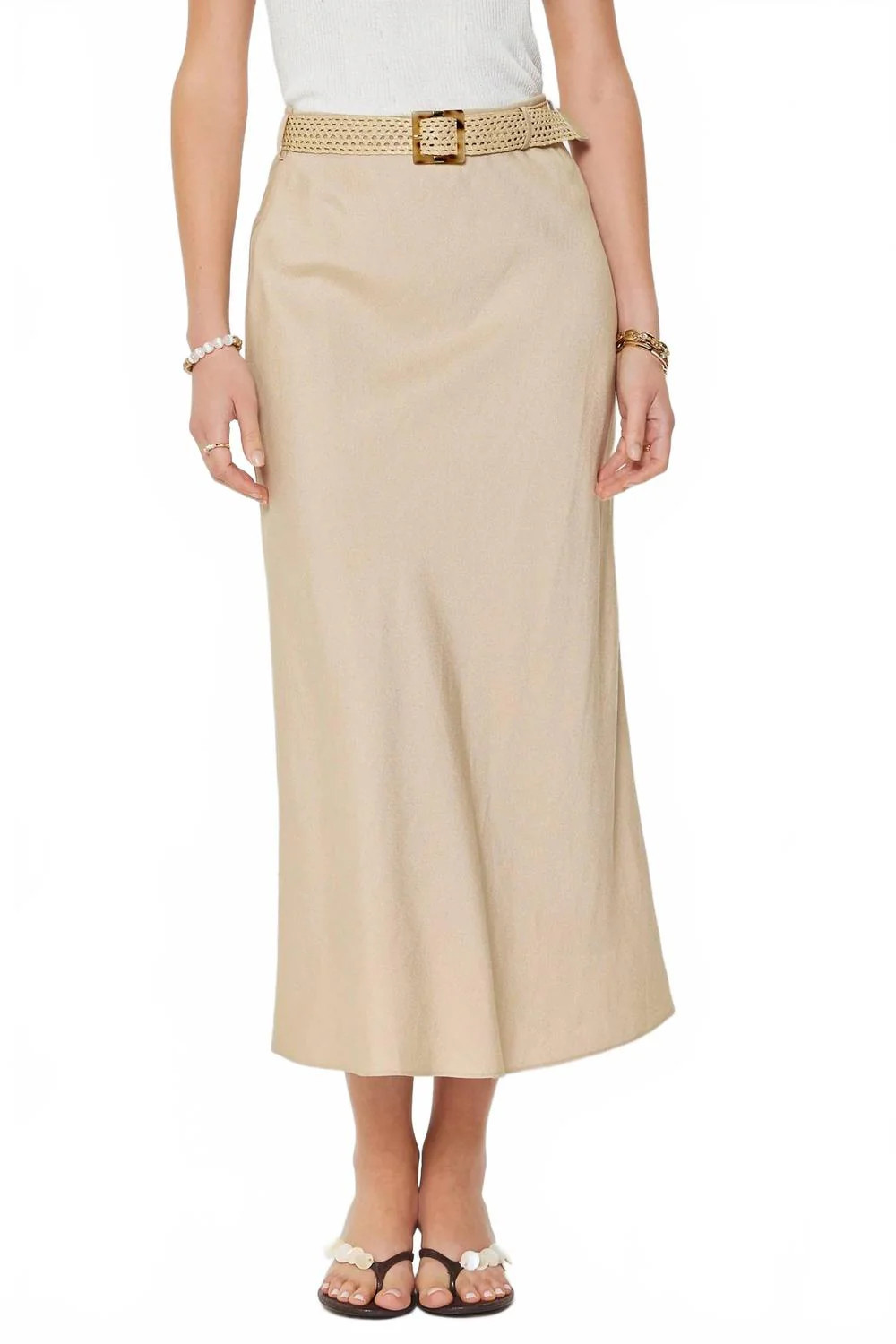 Crystal Linen Blend Midi Skirt In Beige | Shop Simon