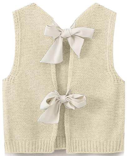 Y2k Bow Tie Back Sweater Vest Top for Women Sleeveless Crochet Short Sweater Casual Crop Knit Cardigan Vest Knitted Tank Tops Beige | Amazon (US)