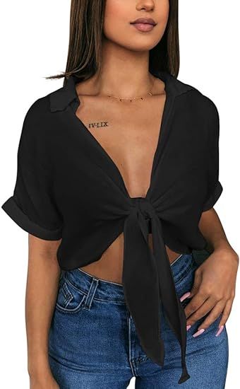 GOBLES Womens Summer Short Sleeve Shirts V Neck Tie Knot Batwing Blouses Tops | Amazon (US)