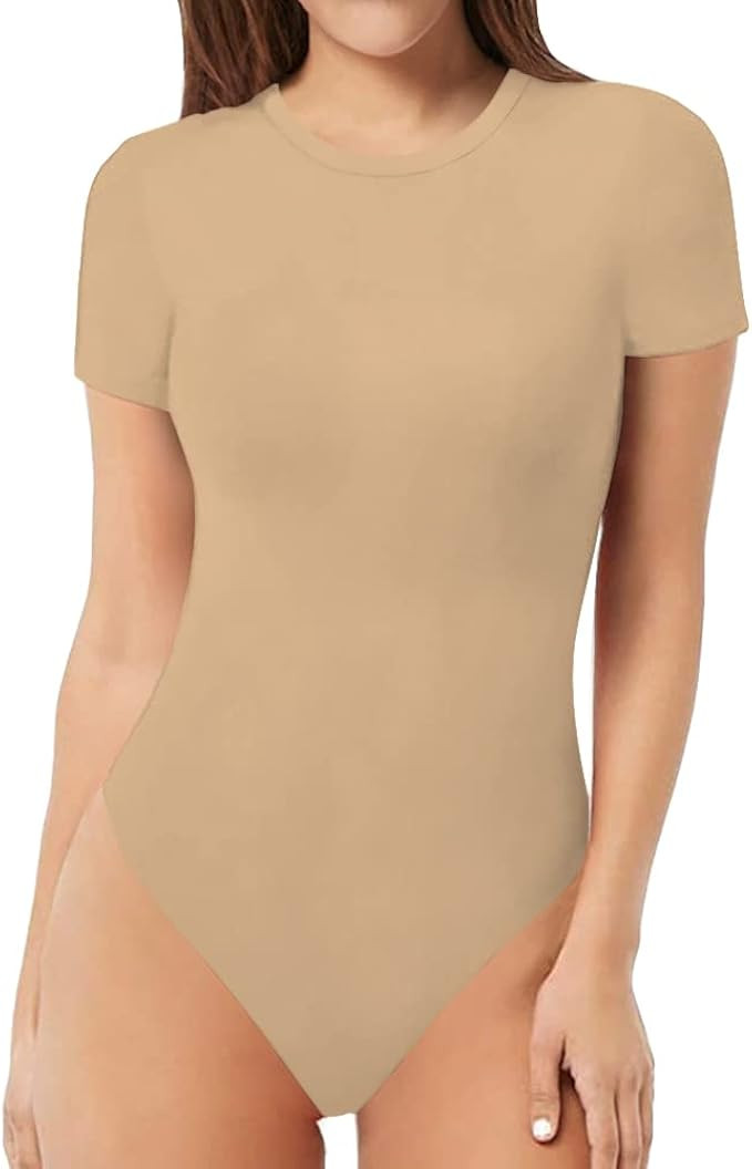 MANGOPOP Women's Round Neck Short Sleeve T Shirts Basic Bodysuits | Amazon (US)
