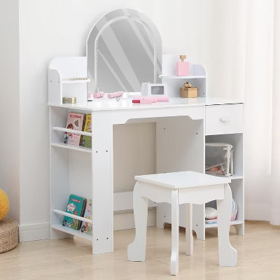 Garvee Kids Vanity with Lighted Mirror, Kids Vanity Set with Mirror & Drawers, Kids Makeup with Bookshelf, Open Shelves for 3-9 | Target