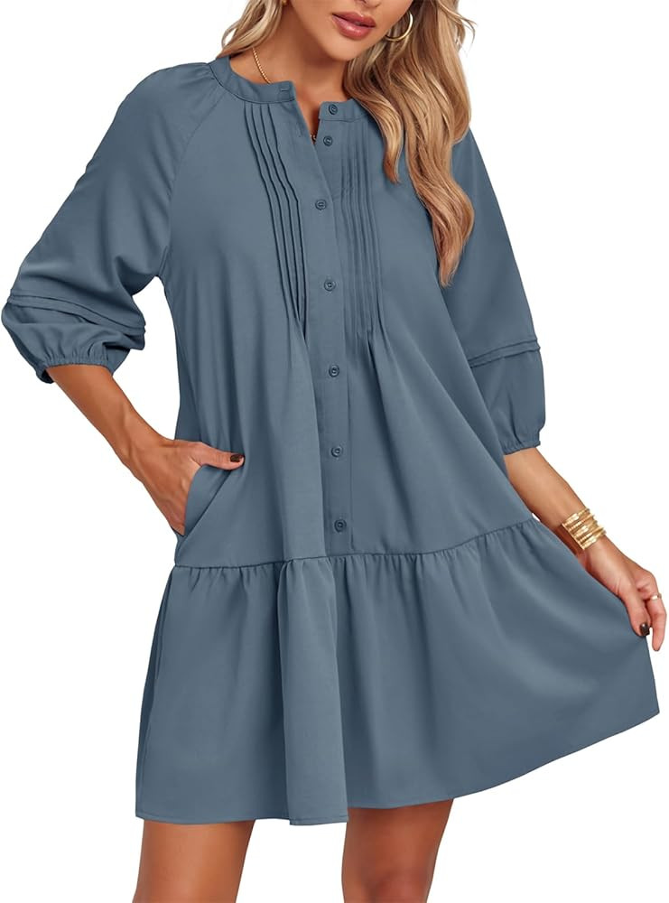 Fisoew Womens Summer Tunic Dress Ruffle Hem Button Down 3/4 Sleeve Loose Casual Mini Dresses with... | Amazon (US)
