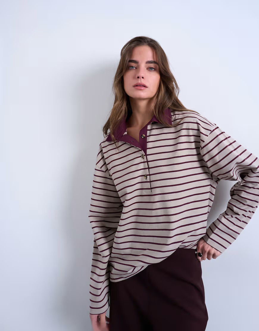 Topshop striped rugby long sleeve polo top in oat and burgundy-Neutral | ASOS (Global)