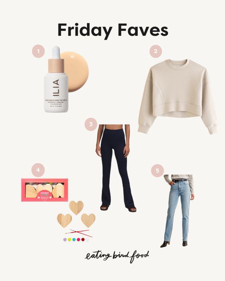 💕 Friday Faves 💕
1️⃣ Finally decided to try the ILIA super serum from Sephora and I’ve been really liking it. It does smell funny to me, but I think that’s just me. Lol 😂 
2️⃣ This athleisure crew is so soft and perfect for working from home, running errands or heading to a workout. 
3️⃣ Just added these to my cart. You know I love my Align leggings so I’m hopeful I love this flared version too. 
4️⃣ Got this for Olivia and she loved it. It’s the perfect, easy Valentine’s Day craft. 💕
5️⃣ Abercrombie has some of the best jeans and they’re all 25% off now through Feb 12th! 

#LTKbeauty #LTKfitness #LTKsalealert