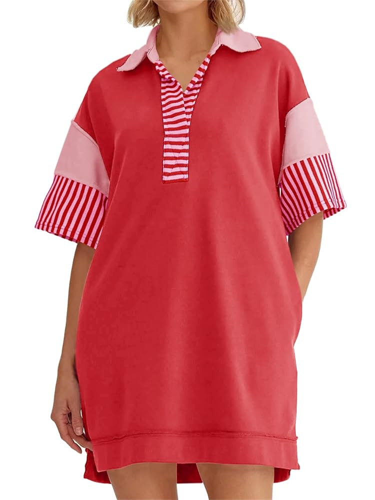 Wenrine Women's Polo V Neck T Shirt Dress Casual Summer Oversized Color Block Short Sleeve Sweats... | Amazon (US)