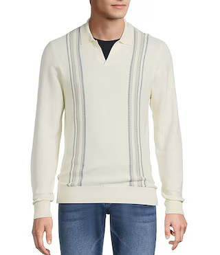Long Sleeve Striped Johnny Collar Sweater | Dillard's