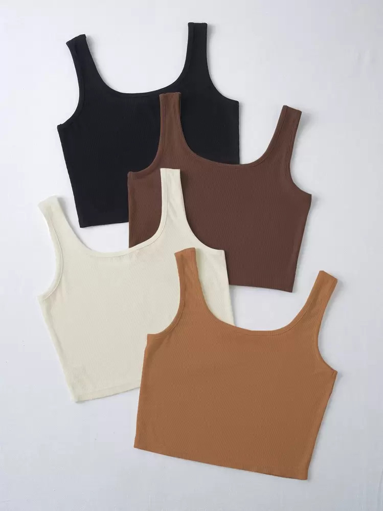 Lunelith SHEIN Lunessa 4pcs/Set Solid Color U-Neck Sleeveless Wide Strap Tank Tops | SHEIN