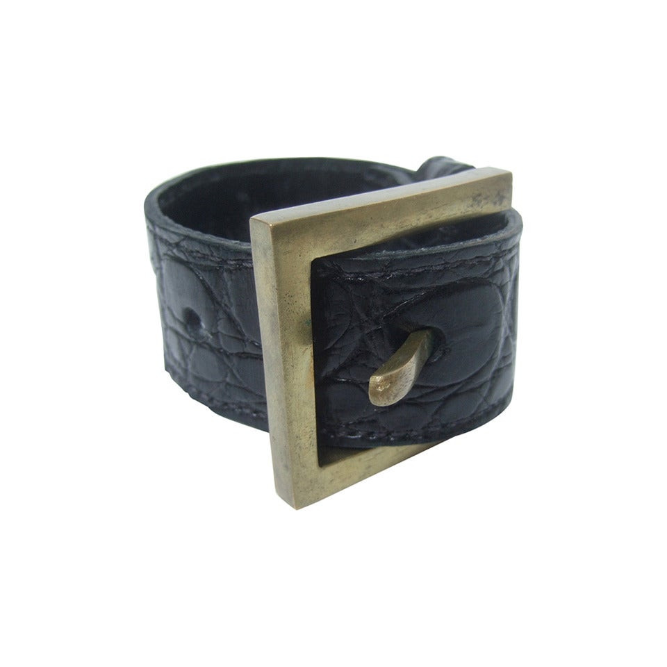 Genuine Black Alligator Brass Buckle Bracelet Designed by Johnny Farah | 1stDibs