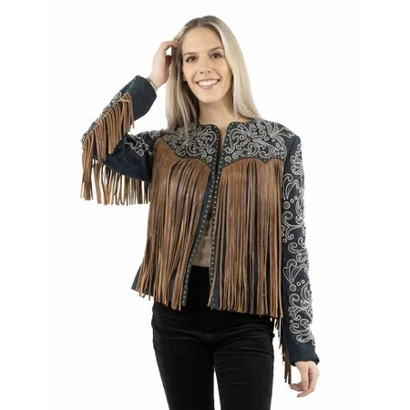 Scully Women s Demin Embroidered Floral And Beaded Stud Fringe Leather Jacket Indigo Medium US | Walmart (US)