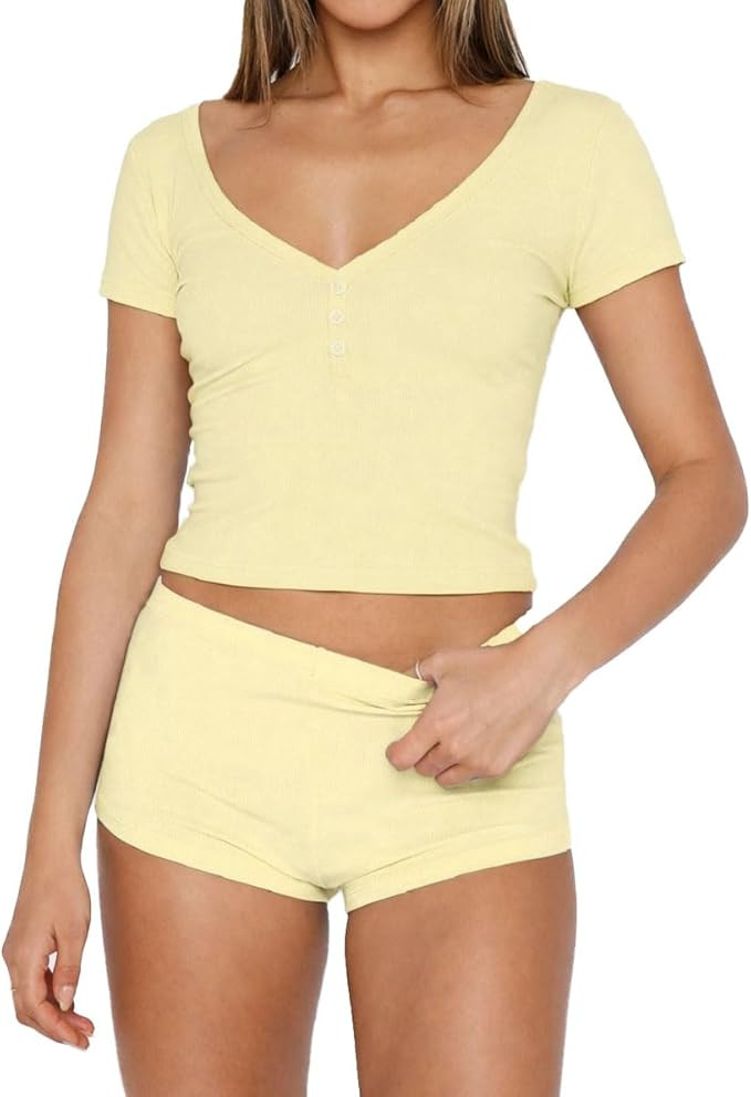 ForeFair Womens Pajama Sets Button Down Short Sleeve Tops and Shorts Cute Ribbed Knit Pj Set Slee... | Amazon (US)