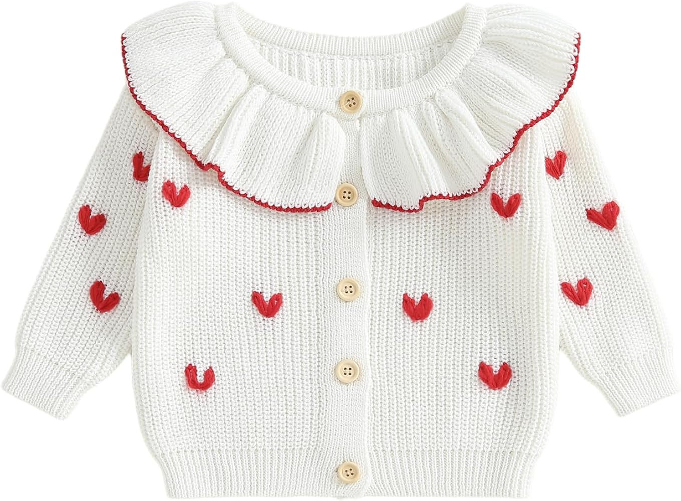 Toddler Girl Valentines Day Outfit Heart Embroidery Knit Cardigan Ruffle Collar Long Sleeve Butto... | Amazon (US)