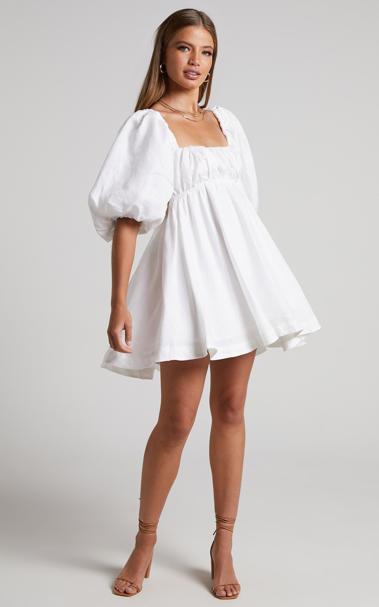 Amalie The Label - Hamyya Linen Tie Back Puff Sleeve Mini Dress in White | Showpo (US, UK & Europe)