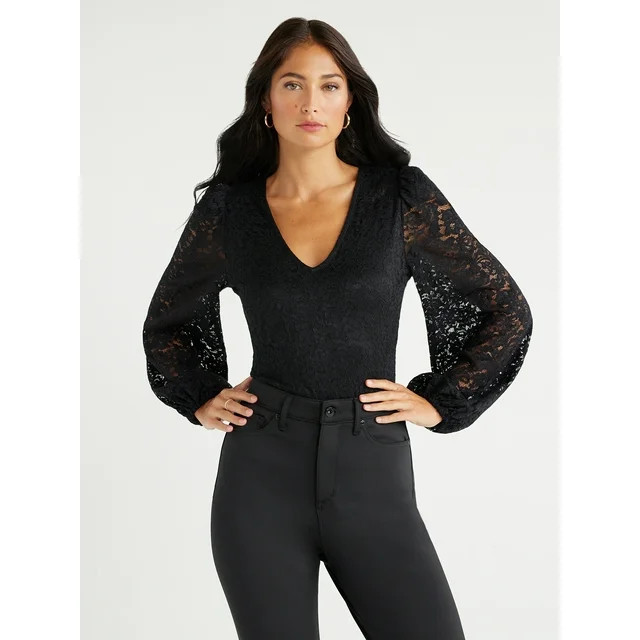 Sofia Jeans Women's Lace Bodysuit with Blouson Sleeves, Sizes XS-3XL | Walmart (US)
