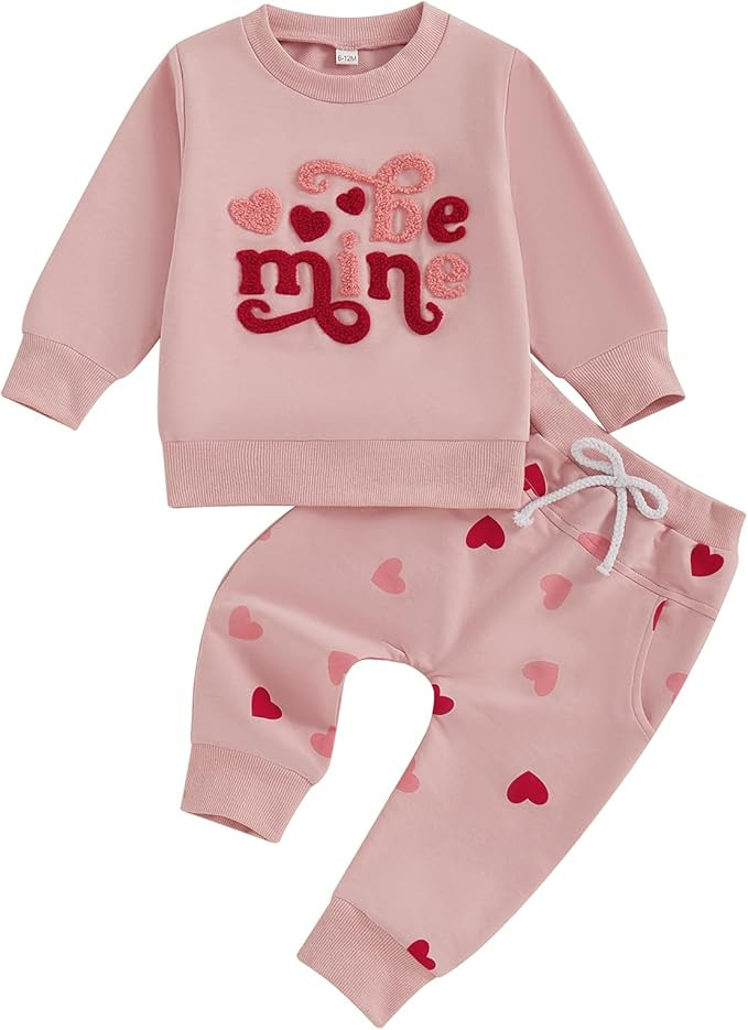 BeQeuewll Baby Girl Valentines Day Outfit Long Sleeve Heart Print Sweatshirt Jogger Pants 2Pcs Ba... | Amazon (US)