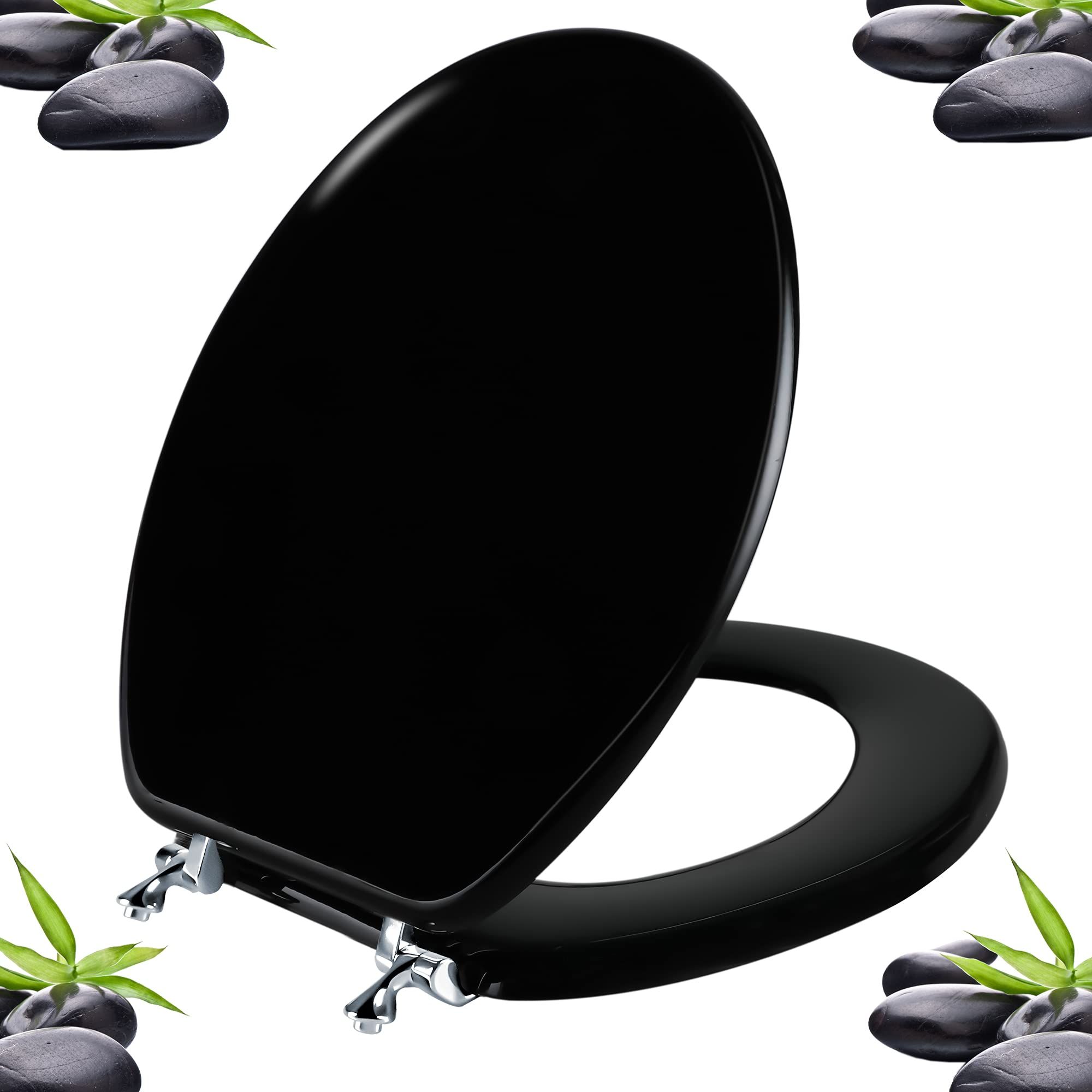Black Round Toilet Seat Natural Wood Toilet Seat with Zinc Alloy Hinges, Easy to Install also Easy to Clean, Scratch Resistant Toilet Seat by Angol Shiold (Round, Black) | Amazon (US)