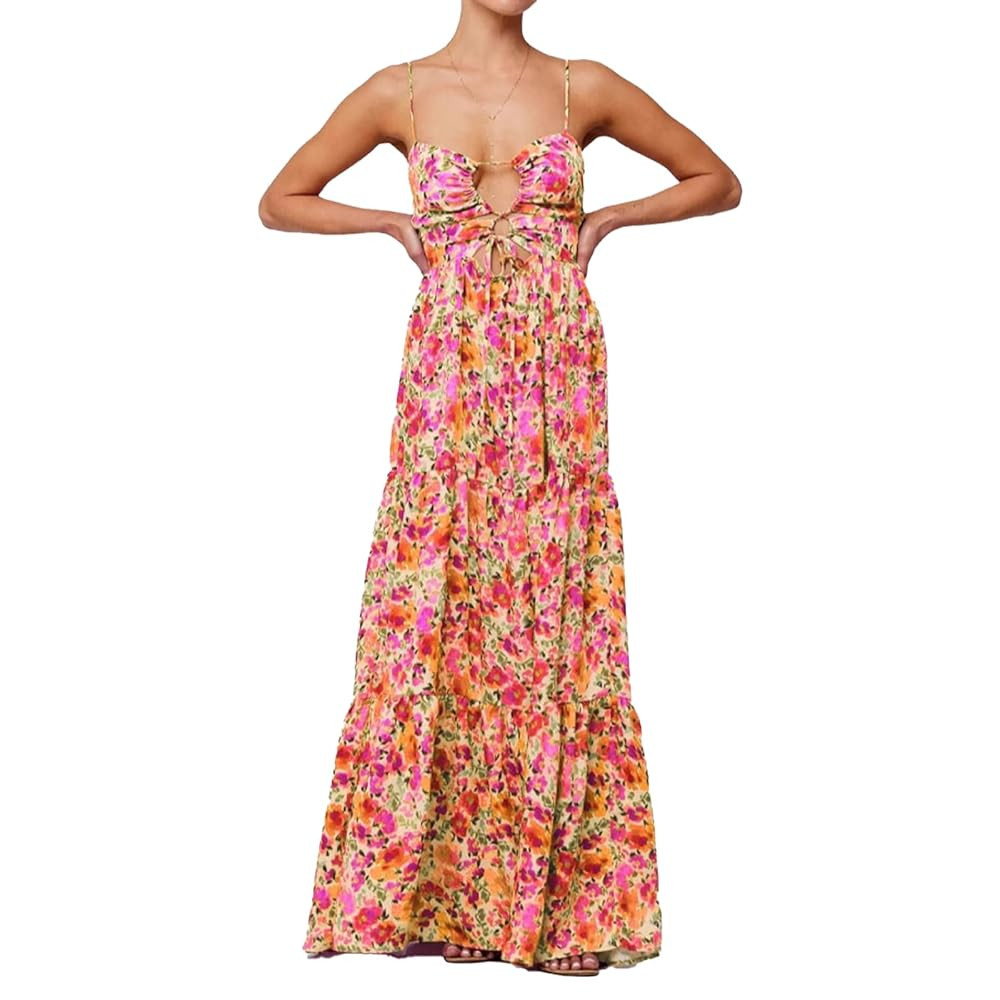 Women Floral Maxi Dress Tie Front Cut Out Backless Boho Spaghetti Strap Summer Beach Sundress | Amazon (US)