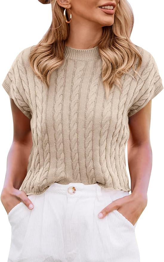 Saodimallsu Womens Summer Crewneck Crop Tops Casual Loose Fit Cable Knit Pullover Sweater | Amazon (US)