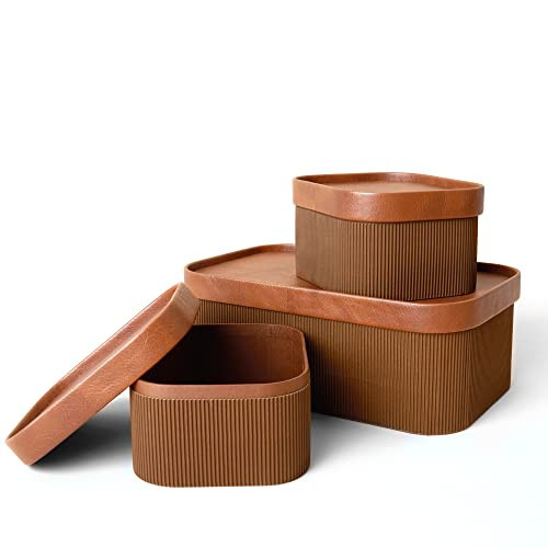 LA JOLIE MUSE Fluted Cardboard Storage Baskets with Leather-Like Lids, Sturdy Stackable Paper Boxes Decorative Tray, Chocolate Brown, Set of 3 | Amazon (US)