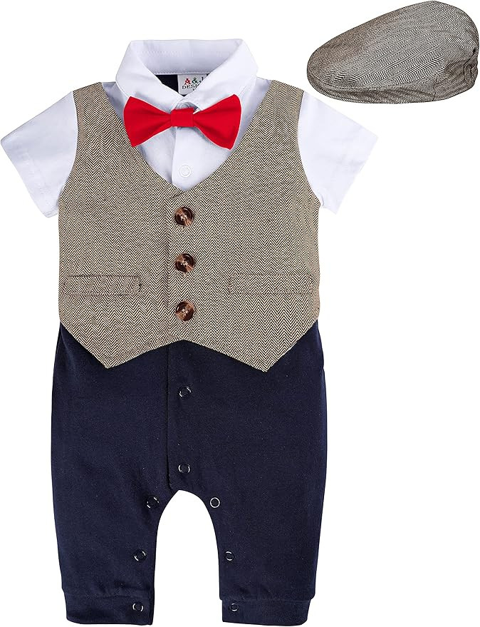 A&J DESIGN Baby Newborn Outfits for Boys, 2Pcs Baby Gentleman Romper & Hat | Amazon (US)