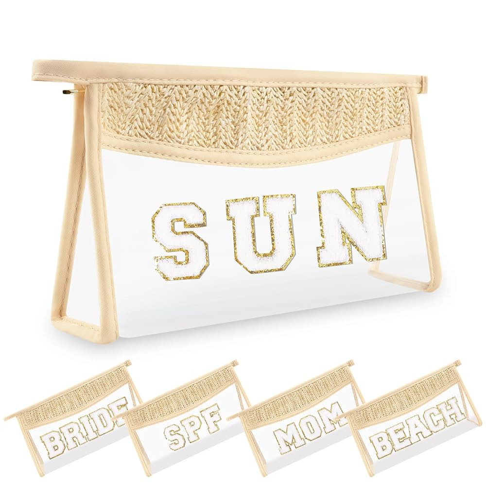 Small Boho Straw Clear Sun Makeup Bags for Women&Girls, Zipper Cosmetic Bag Chenille Varsity Lett... | Amazon (US)